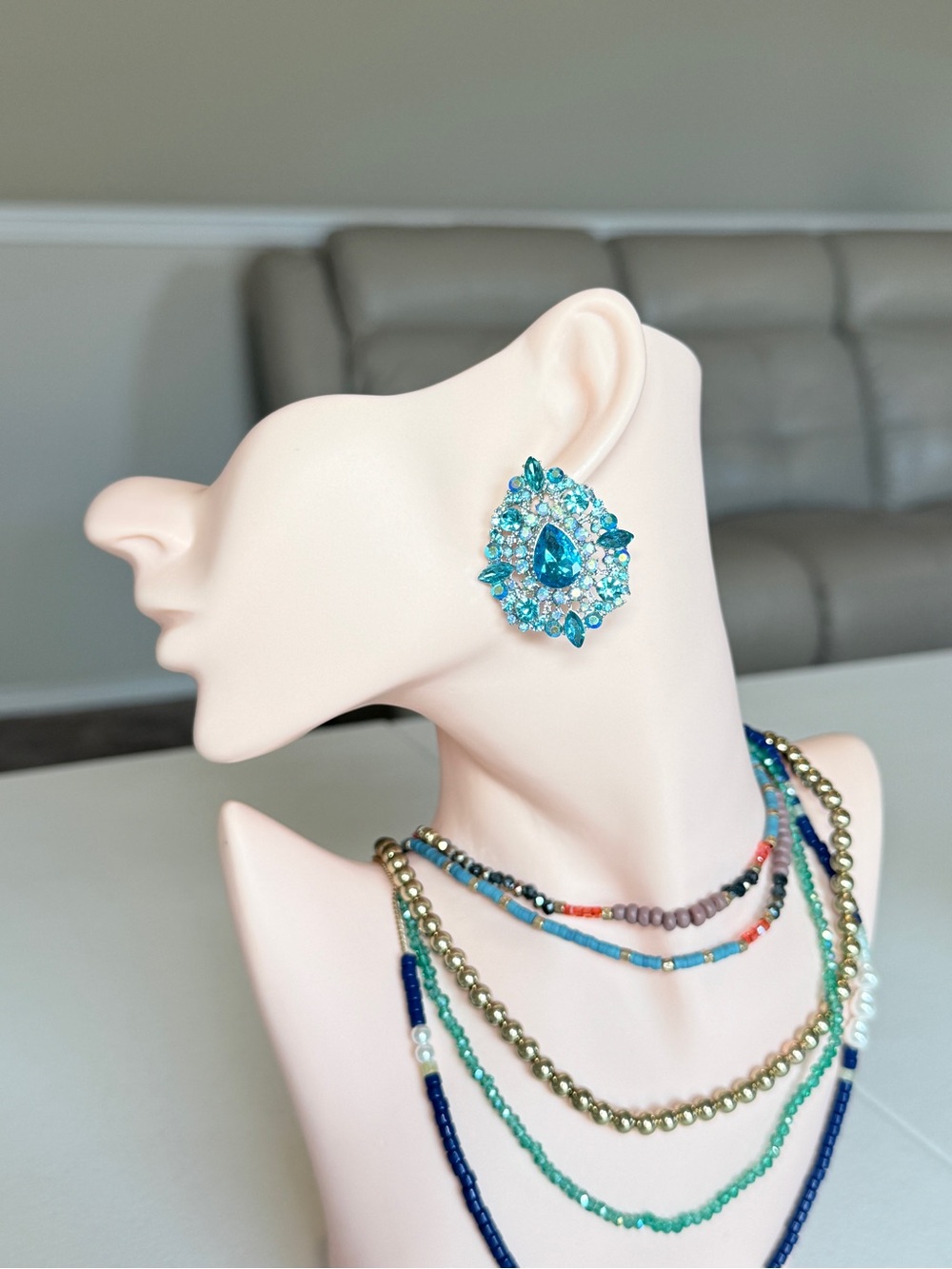 Crystal Teardrop Cluster Earrings in Aqua Blue